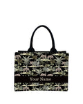IN VOGUISH Safari Luxe Customized Tote Bag – Personalized Name Tote, Large 16x11x5 Inch Black Handbag with Safari Elephant & Palm Tree Print, Stylish Travel & Everyday Carryall