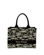 IN VOGUISH Safari Luxe Customized Tote Bag – Personalized Name Tote, Large 16x11x5 Inch Black Handbag with Safari Elephant & Palm Tree Print, Stylish Travel & Everyday Carryall