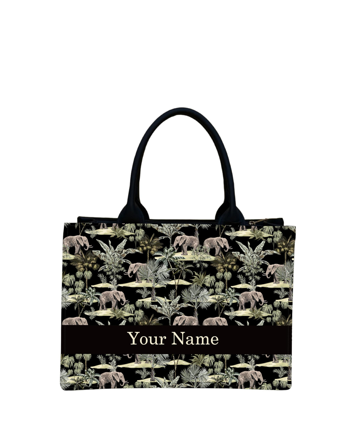 IN VOGUISH Safari Luxe Customized Tote Bag – Personalized Name Tote, Large 16x11x5 Inch Black Handbag with Safari Elephant & Palm Tree Print, Stylish Travel & Everyday Carryall