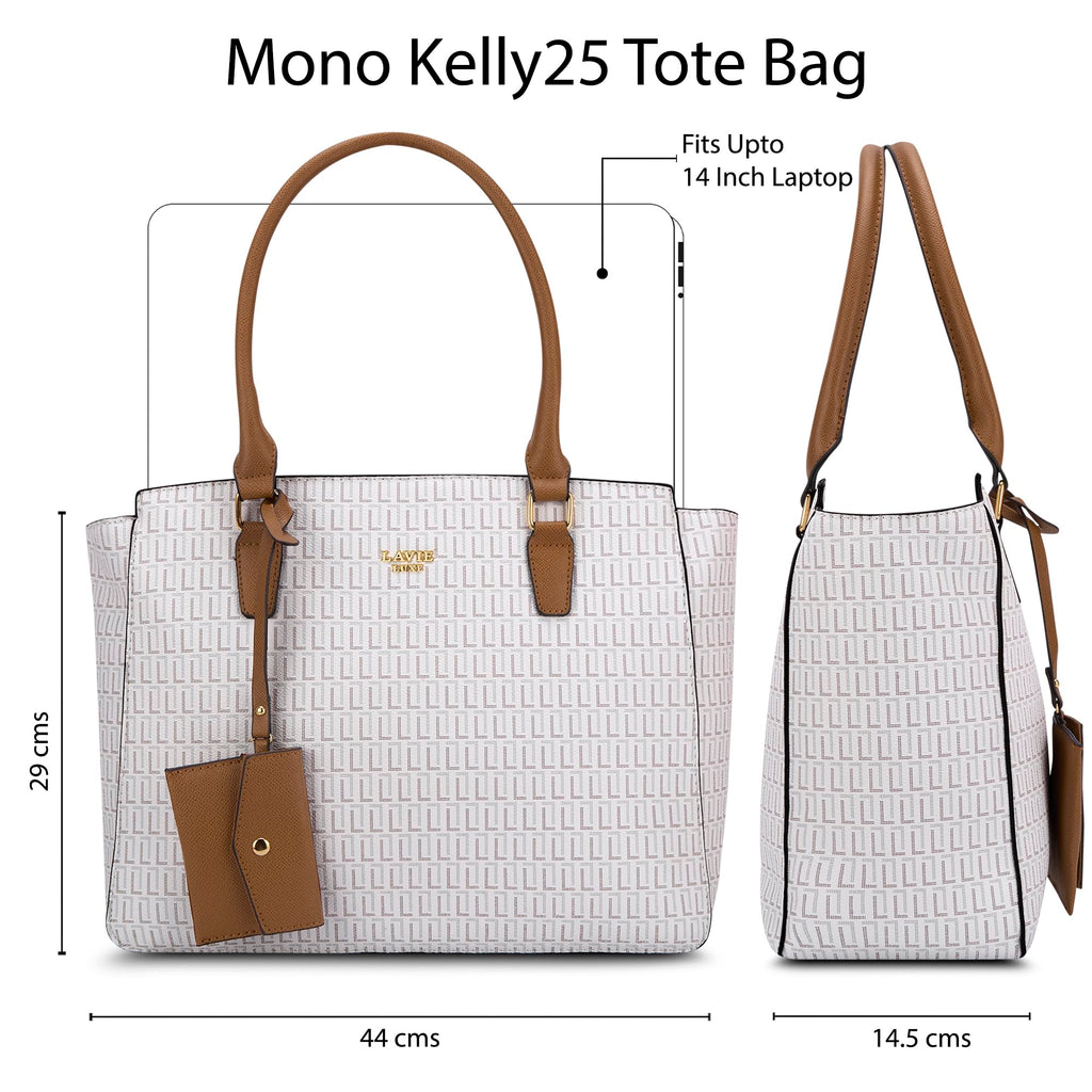 Lavie Luxe Women's Mono Kelly25 Monogram Print Tote Laptop Bag for Women | Fits Upto 15 Inch Laptop | Tote Laptop Bag for Work | Ladies purse | Stylish Shoulder Bag | Gift For Women