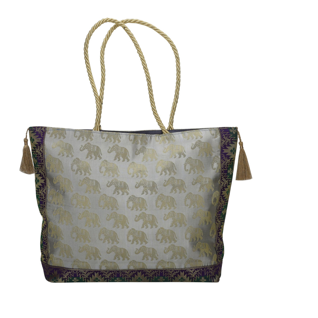 E - Ezra Designer Ethnic Handmade Brocade Silk Tote Bag For Women's Shoulder Bag Shopping Bag For Girls 16 Inch (Grey)
