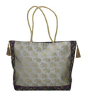 E - Ezra Designer Ethnic Handmade Brocade Silk Tote Bag For Women's Shoulder Bag Shopping Bag For Girls 16 Inch (Grey)
