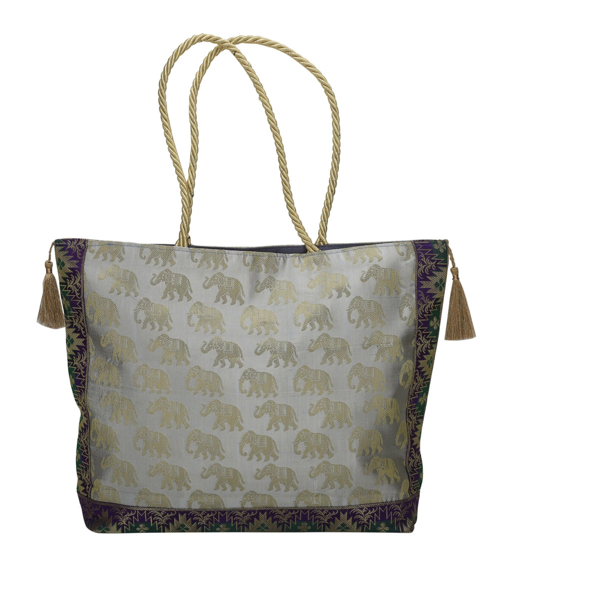 E - Ezra Designer Ethnic Handmade Brocade Silk Tote Bag For Women's Shoulder Bag Shopping Bag For Girls 16 Inch (Grey)