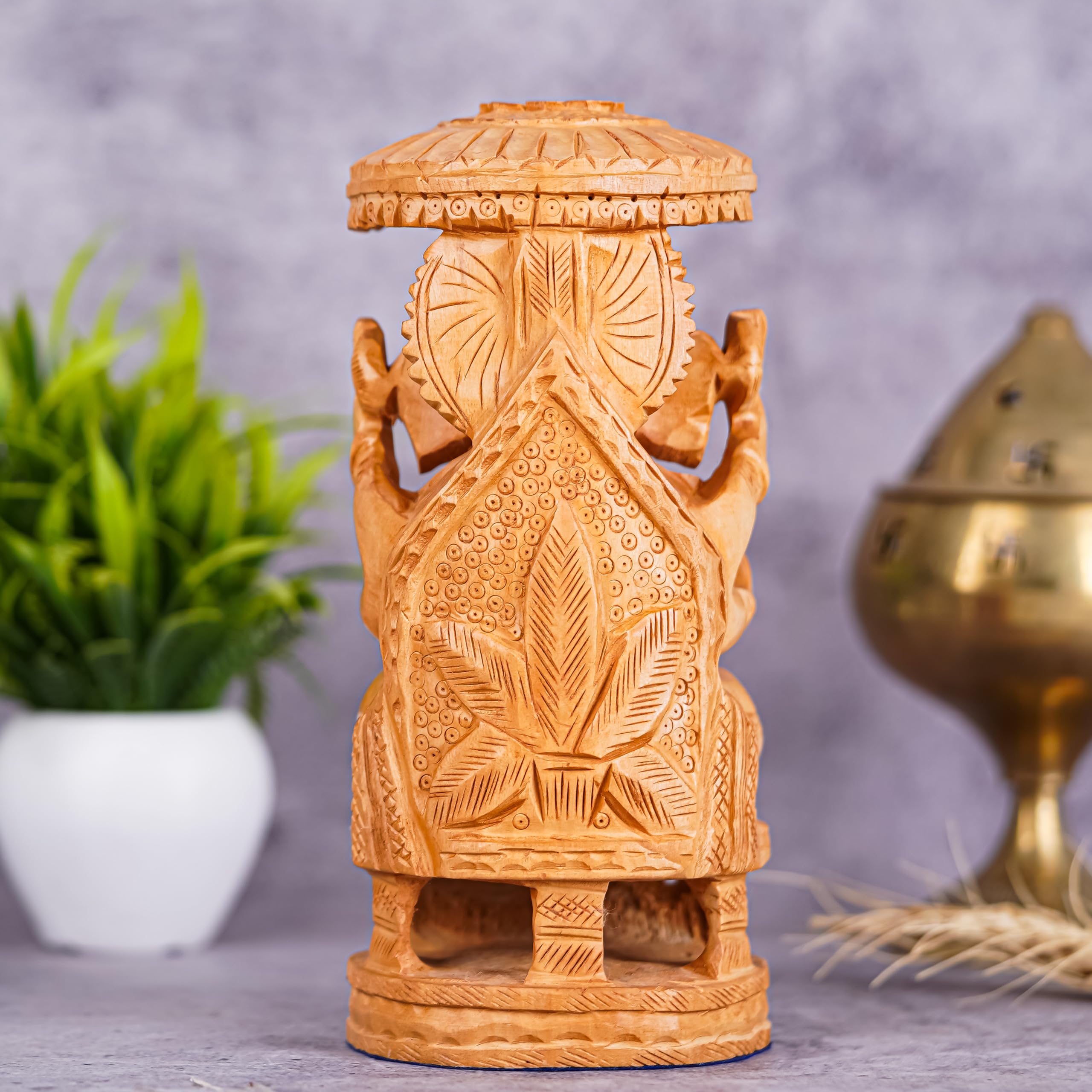 Vasu Creation Hand-Carved Wooden Lord Ganesha Statue with Decorative Umbrella, Traditional Indian Home Decor (4 inch)