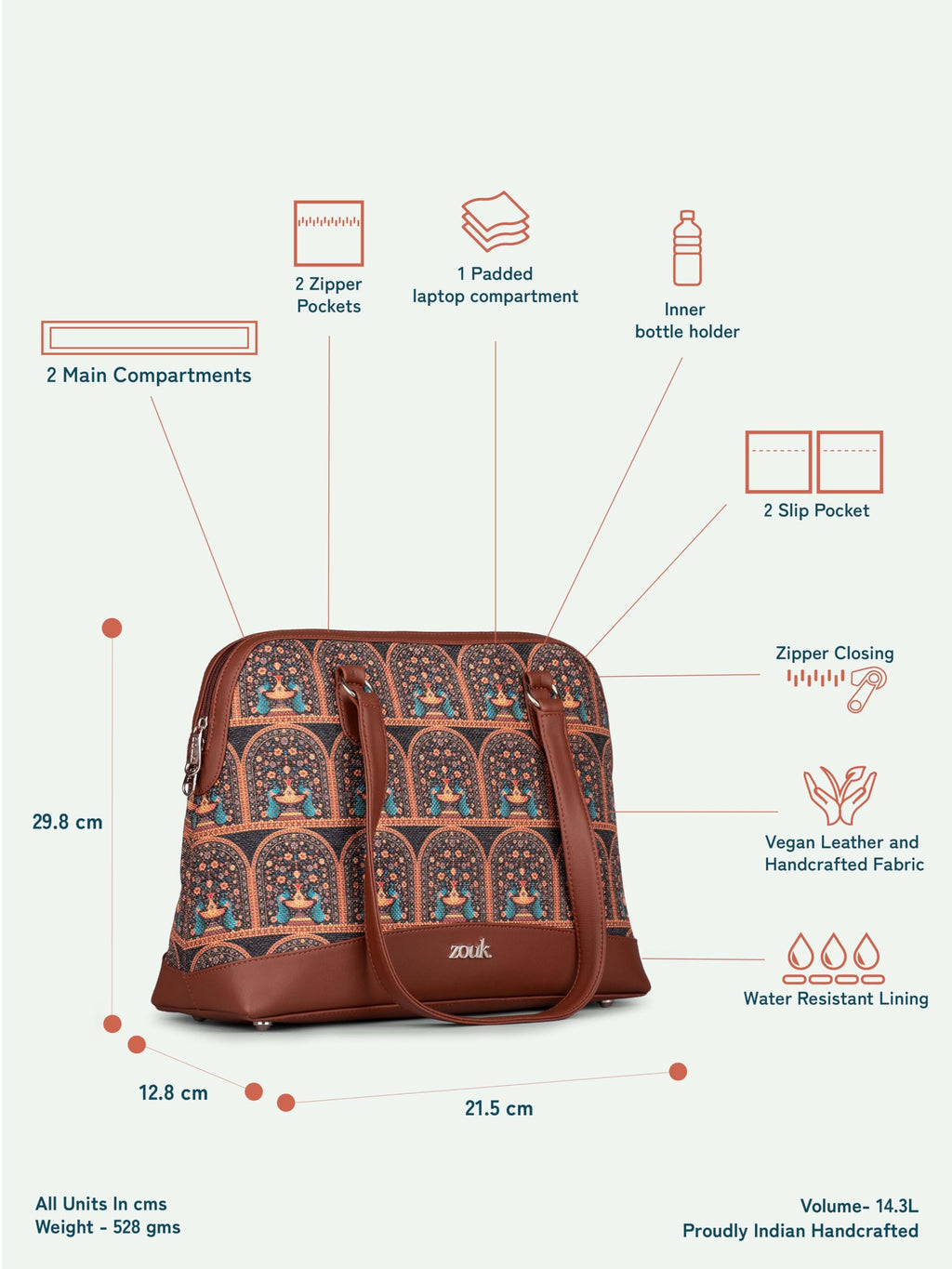 ZOUK Carry-All Work Bag | Stylish Handbag for Women Office Use | 13-Inch Laptop Compartment | Water-Resistant | Tote Bag for Office, College & Travel | Royal Indian Peacock Motif
