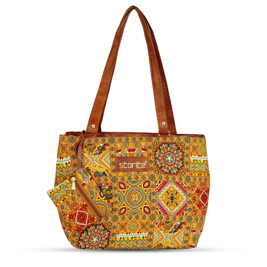 Storite Women's Tote Bag with Leather Handles & Embroidery Printed Handbag with Zip Pockets, Shoulder Tote Bag and Handbag for Office and College (Mandala Geometric Patchwork)