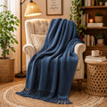 A Brand New Basics Waffle Throw Blanket | Knit & Chevron Pattern with Fringes | Aesthetic Decorative Couch Throw for Living Room, Sofa, Bed and Chair | 152x125 cms | 100% Cotton Throw | Blue Kafalo