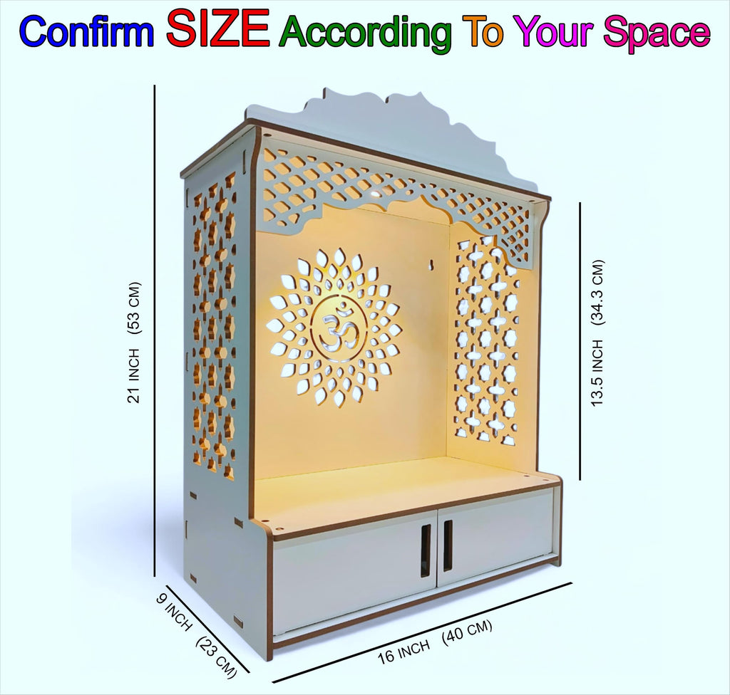Devson Beautiful Wooden Temple | White MDF Pooja MANDIR for Home and Office use with LED SPOT Light | Engineered Wood Pooja Stand with Storage Shelves | Size - H 21 x L 16 x W 9 inch | S15DRWRW