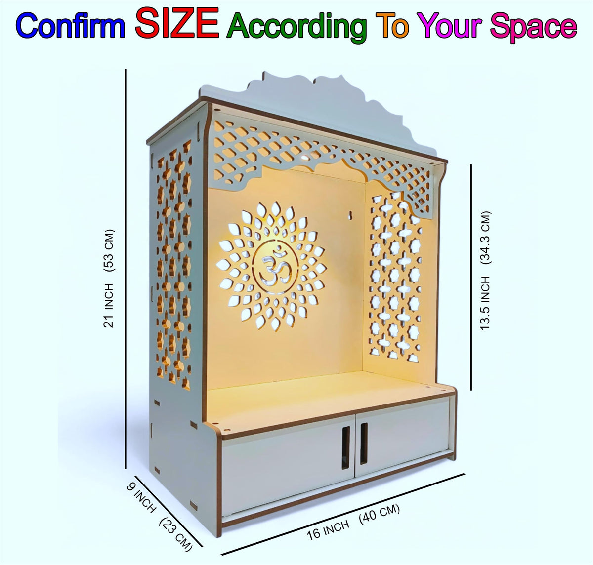 Devson Beautiful Wooden Temple | White MDF Pooja MANDIR for Home and Office use with LED SPOT Light | Engineered Wood Pooja Stand with Storage Shelves | Size - H 21 x L 16 x W 9 inch | S15DRWRW