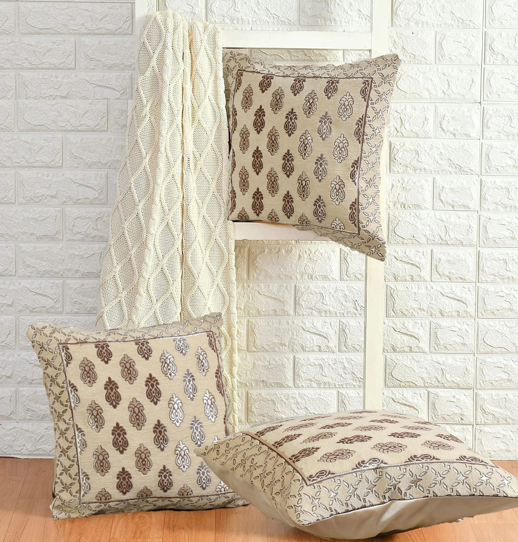 DECOMIZER Jacquard Geomteric Cushion Covers 16 Inch X 16 Inch Set Of 3 Ethnic Motifs 240 TC Cushion Covers,Design- Ambi,Color- Cream