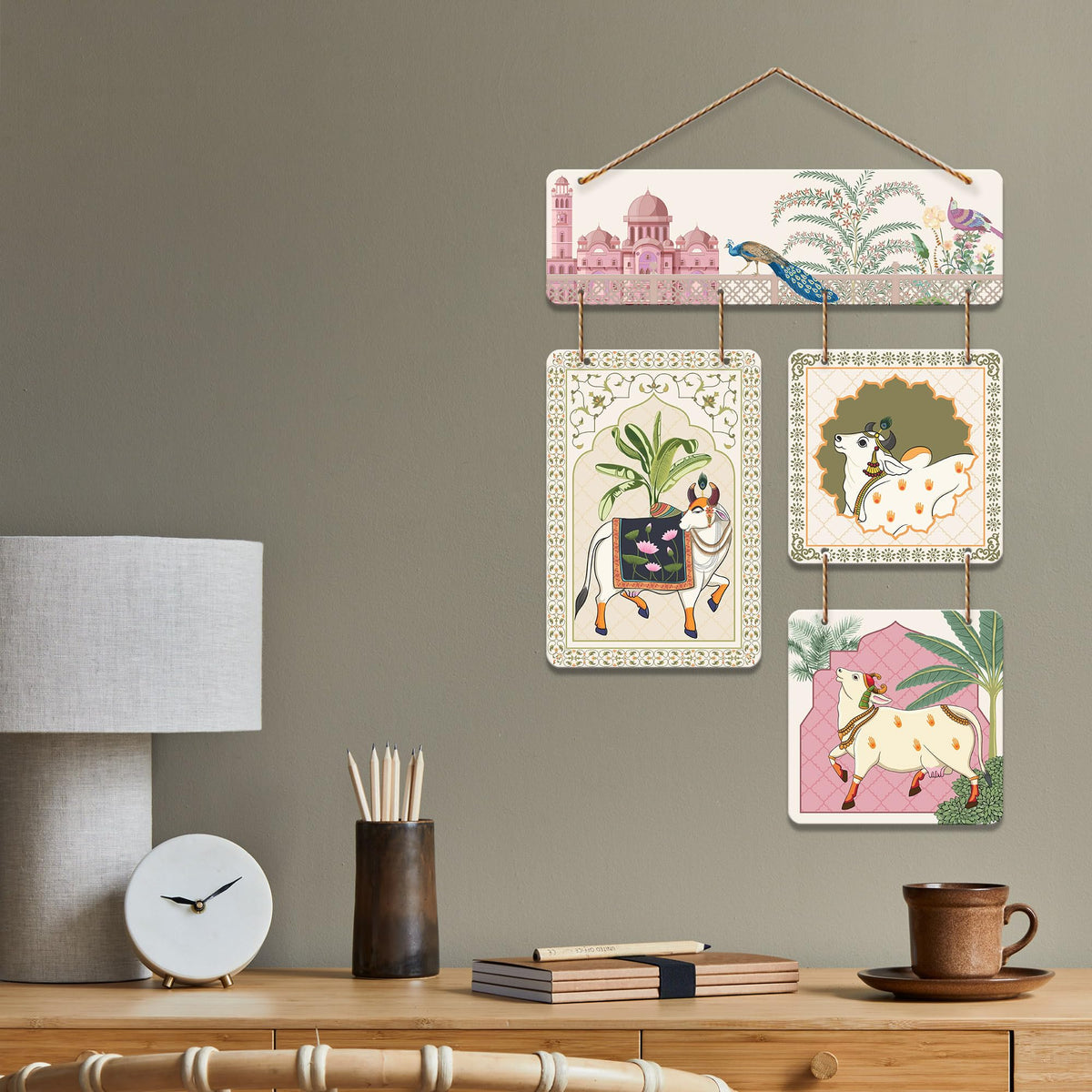 Artvibes Traditional Indian Cow & Peacock Pichwai Art Decorative Wall Hanging Ornaments | Living Room | Office | Wall Art Painting For Hall | Graphic Artwork | Wall Poster | Unique Gift (WH_6525N)