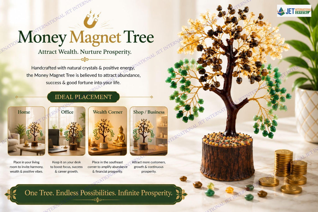 Jet Money Magnet Crystal Tree 10 Inch | Pyrite, Citrine, Green Aventurine & Tiger Eye Gemstone Tree for Home, Office & Desk Décor