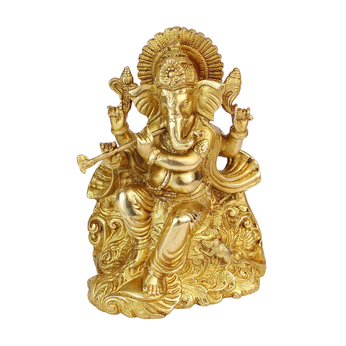 ARTVARKO Brass Ganesha Bhagwan Playing Flute Sitting Ganesh Statue Moorti for Temple Puja Home Office Marriage Gift Size 8