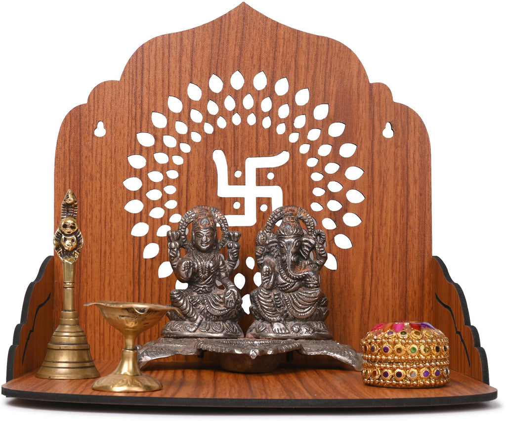 GOJEEVA KRAFT Engineered Wood Hand Crafted Carved Pattern Home Temple for Idols Temple for Home and Office I Swastik Carved | Set Top Box Stand I Wooden Mandir (Pack of 1) (Medium)