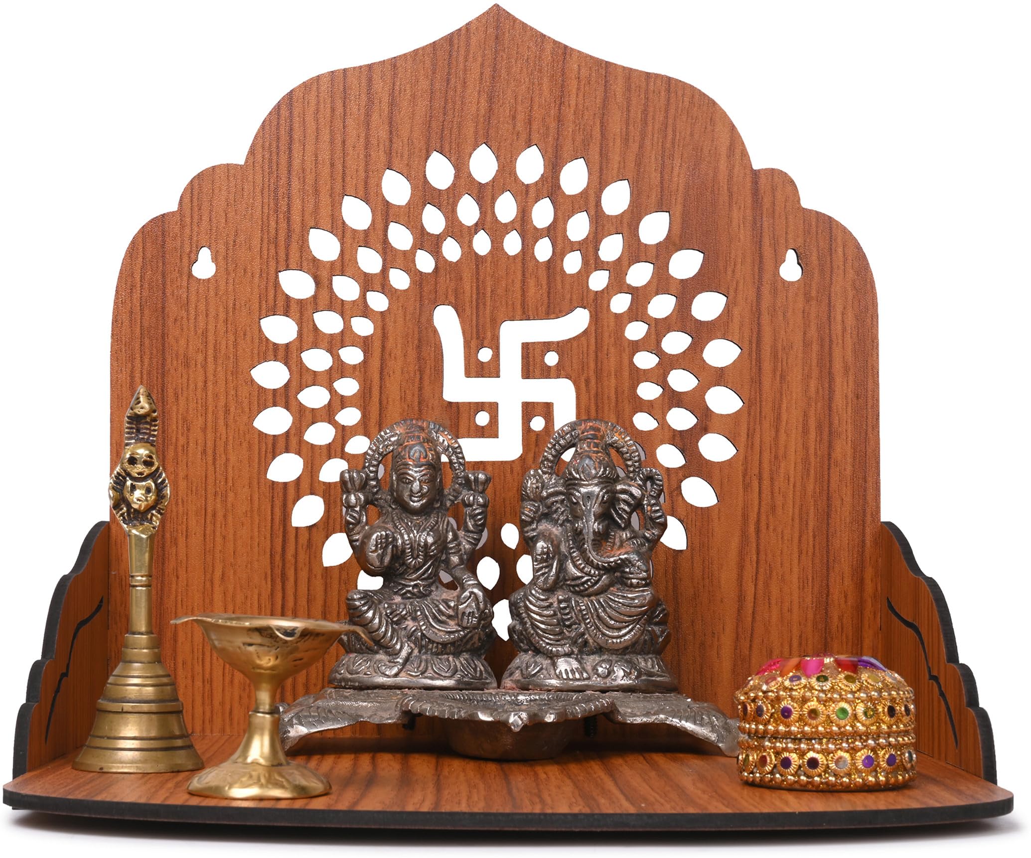 GOJEEVA KRAFT Engineered Wood Hand Crafted Carved Pattern Home Temple for Idols Temple for Home and Office I Swastik Carved | Set Top Box Stand I Wooden Mandir (Pack of 1) (Medium)