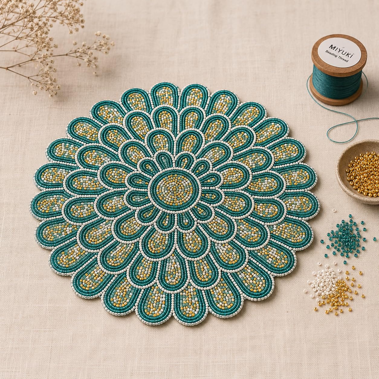 MFU Made For You Handcrafted Beaded Round Placemat 14 Inch (14 Inches, Teal Green & Gold Floral Design) Kafalo