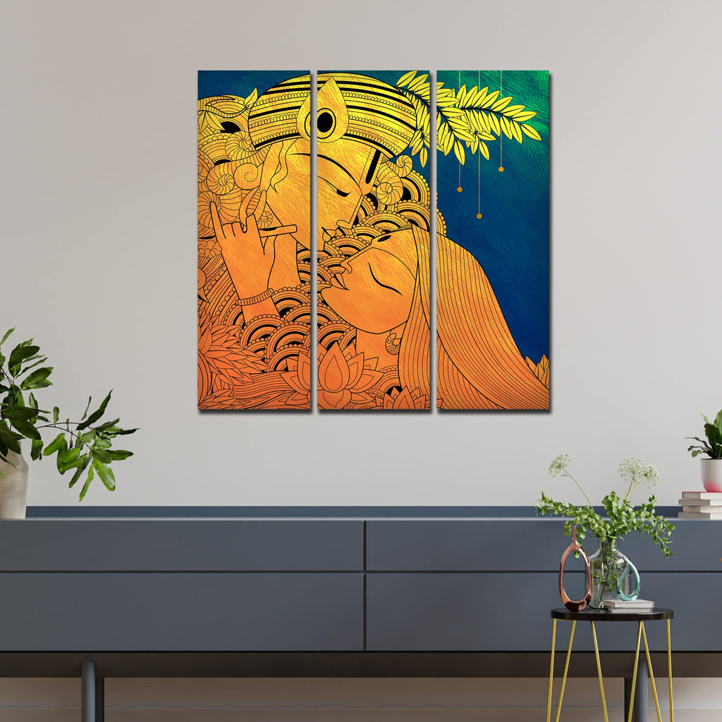 VIBECRAFTS Beautiful Radha Krishna 3 Pieces Canvas Wall Painting Fitted With Wooden Frame For Home | Office | Living Room | Gifts (PTVC3Pcs1_9536)