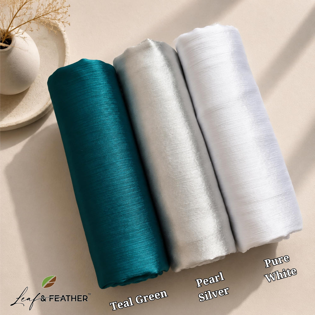 Leaf & FEATHER™ Muna Satin Hijab Scarf for Women | Pack of 3 Hijab Set | 200 x 70 cm | Silky Smooth & Lightweight | Premium Everyday Color Collection (6. Teal Green - Cream White - Pearl Silver)