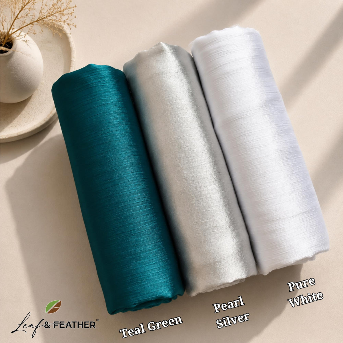 Leaf & FEATHER™ Muna Satin Hijab Scarf for Women | Pack of 3 Hijab Set | 200 x 70 cm | Silky Smooth & Lightweight | Premium Everyday Color Collection (6. Teal Green - Cream White - Pearl Silver)