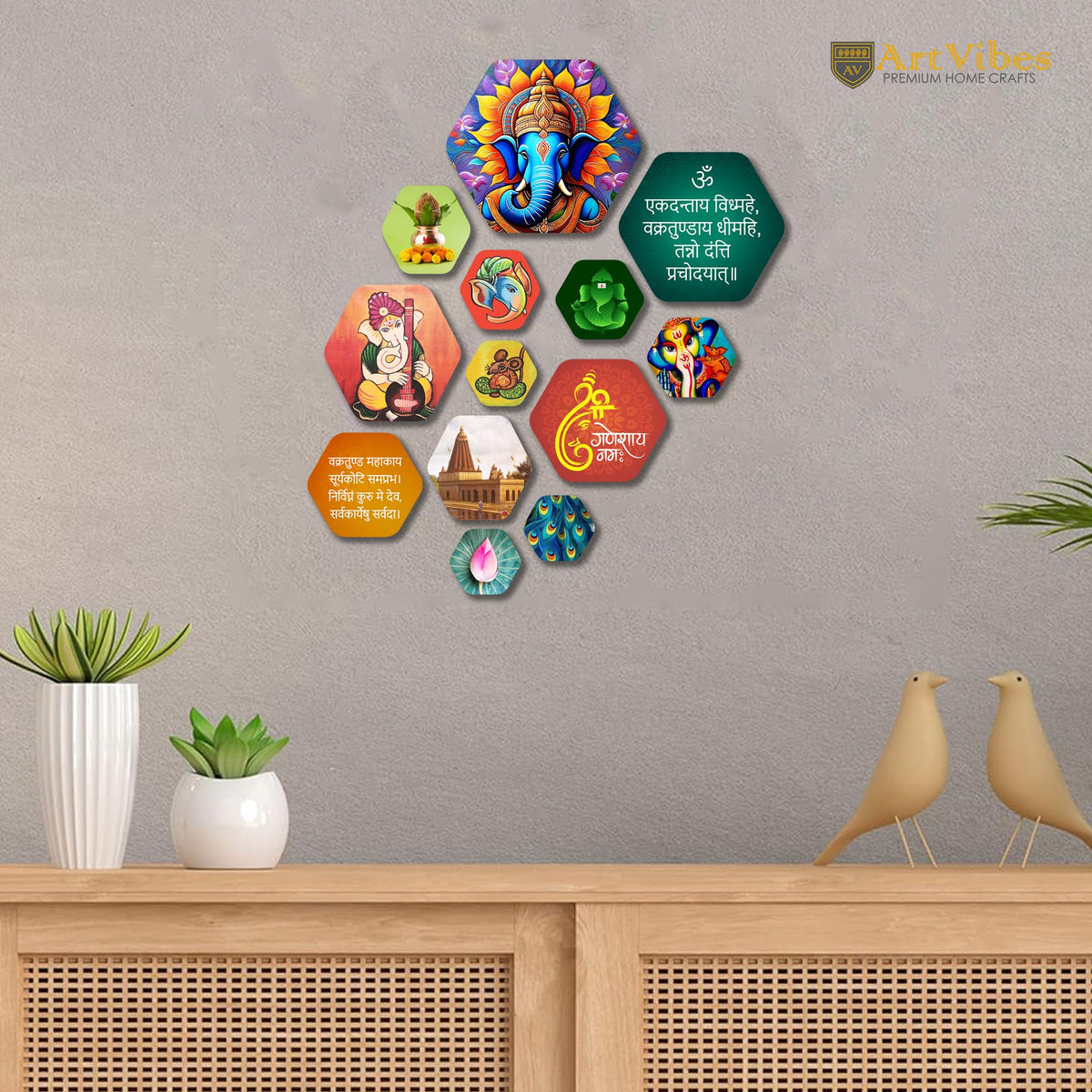 Artvibes Shri Ganesha Hexagon Shape MDF Wooden Wall Decor Items | Spiritual Decor Items | Paintings | Wall Sculpture | Signs & Plaques| Stylish Modern Decor Item | Ideal Gifts (WPS_224N), Set of 13