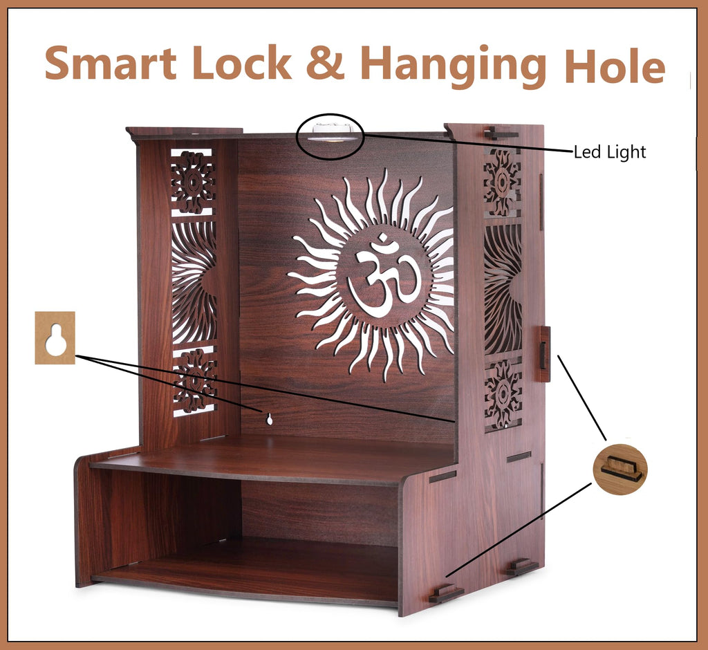 KATHORWARES Wooden Temple with LED Spot Light | Pooja Mandir Stand for Home | Puja Mandir with Smart Lock System & Hang Hole | Decorative Wooden Temple for Home & Office/Shop(Surya Sun)
