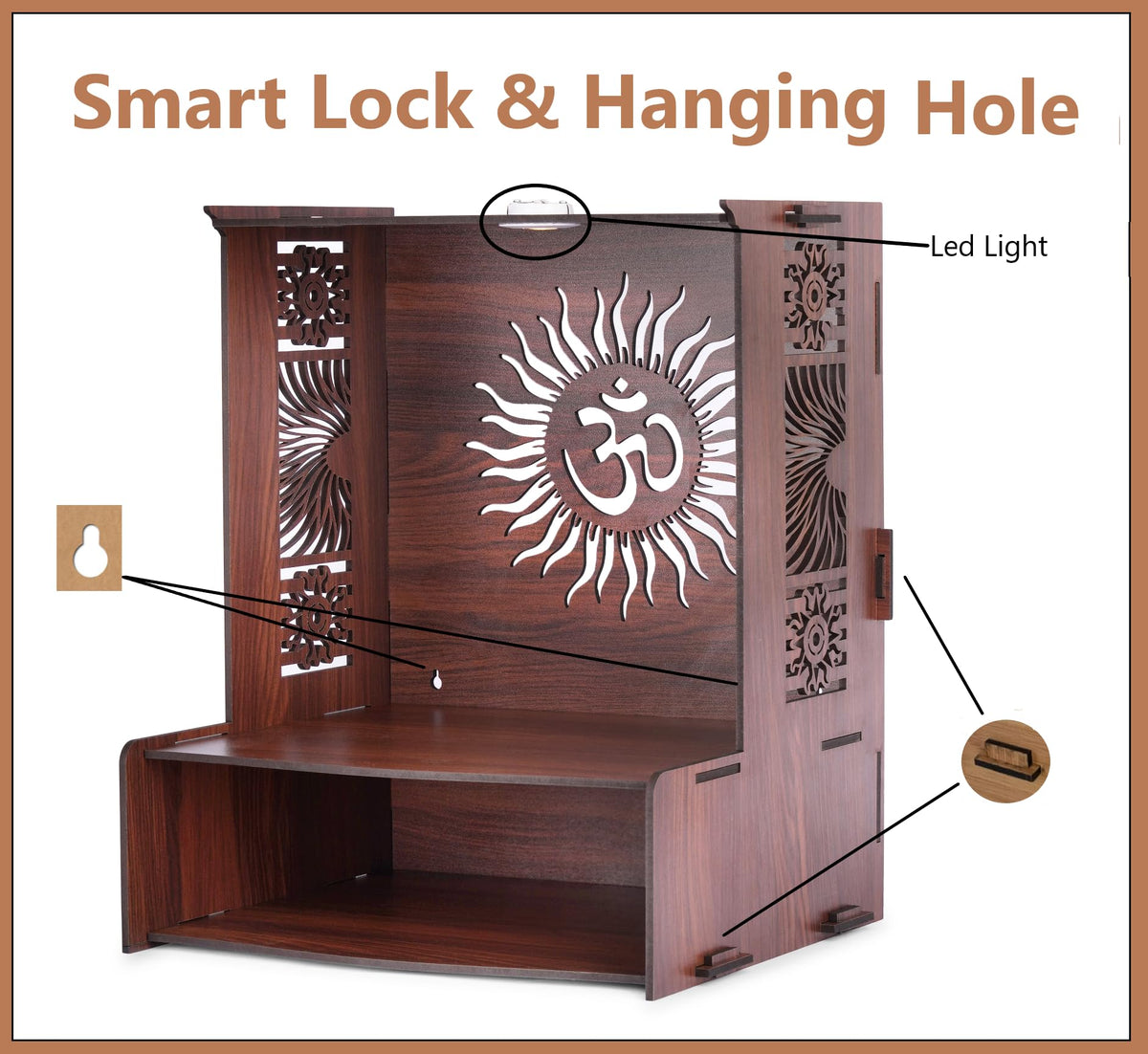 KATHORWARES Wooden Temple with LED Spot Light | Pooja Mandir Stand for Home | Puja Mandir with Smart Lock System & Hang Hole | Decorative Wooden Temple for Home & Office/Shop(Surya Sun)