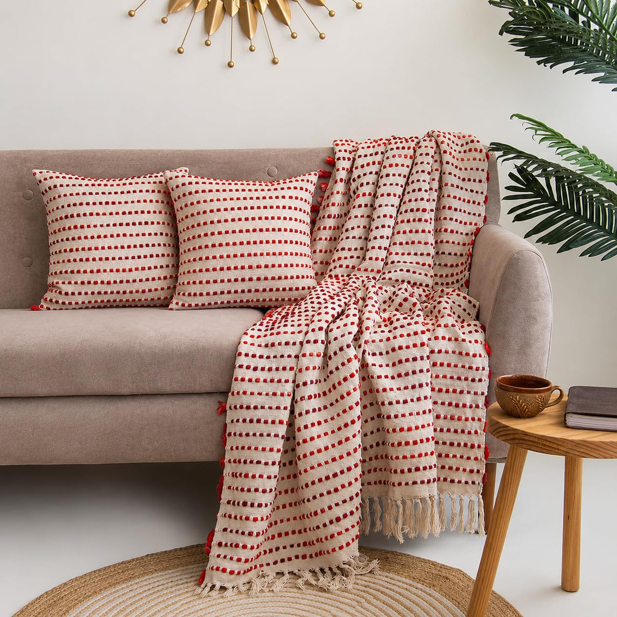 DMAASA Handwoven Ruby Stripe Sofa Throw (50x70 Inches) with 2 Pcs Cushion Cover(16x16 Inch) Soft Lightweight Thrower for Couch, Living Room & Bed (Pack of 3) Kafalo