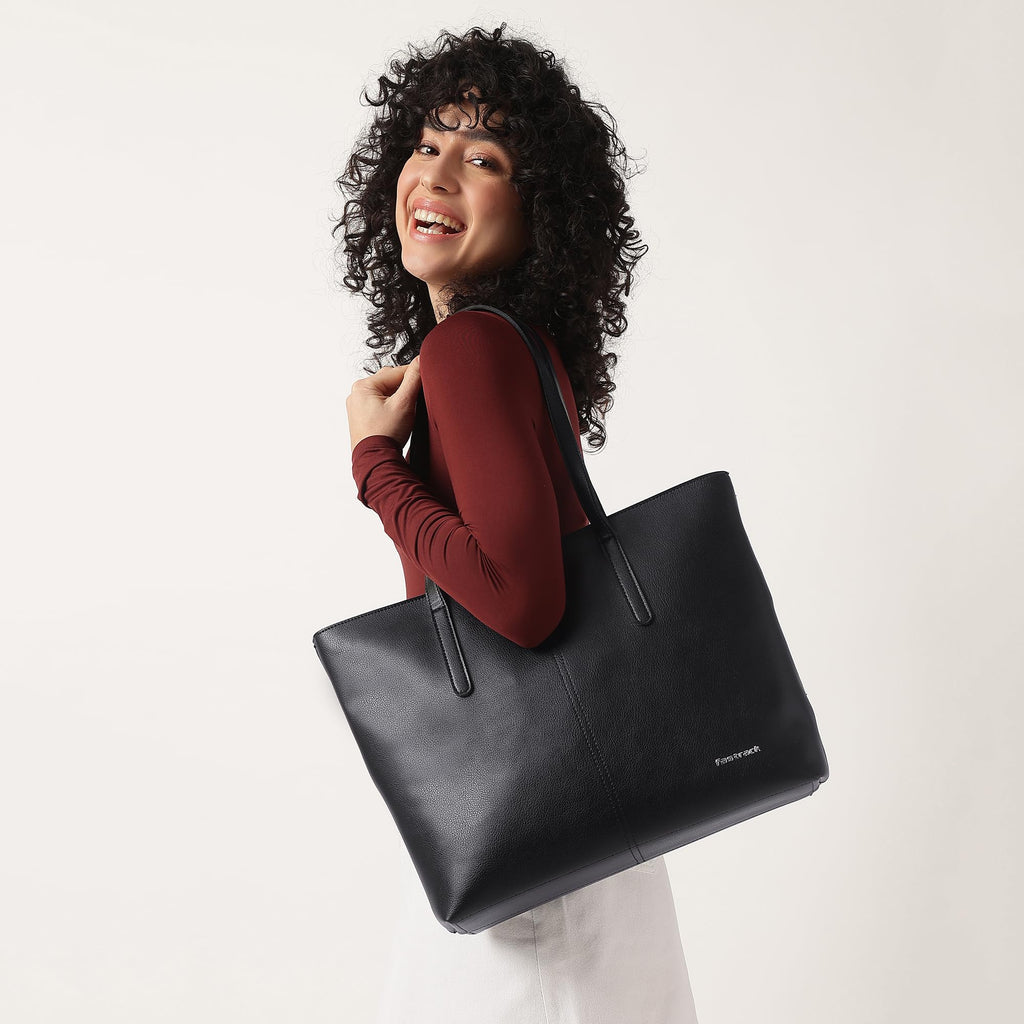 Fastrack Casual Tote Bag For Girls, Large Size With A Zipper Closure And Padded Laptop Compartment, Compatible With Laptops Up To 15 Inches, Double Handle Tote Bag, Black