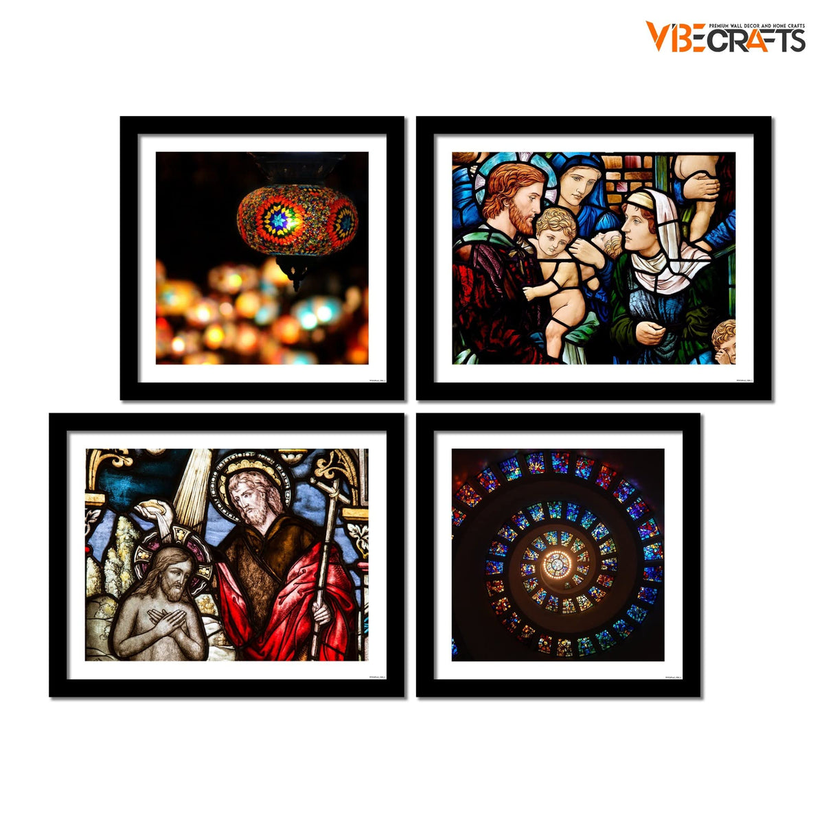 VIBECRAFTS Christian Stained Glass Art 4 Pieces Wall Frame Hanging For Office Digital Reprint Posters with Synthetic Wooden Home Decorative Gift Item (15 x 12 inch) (PFVC4Pcs3_1504)