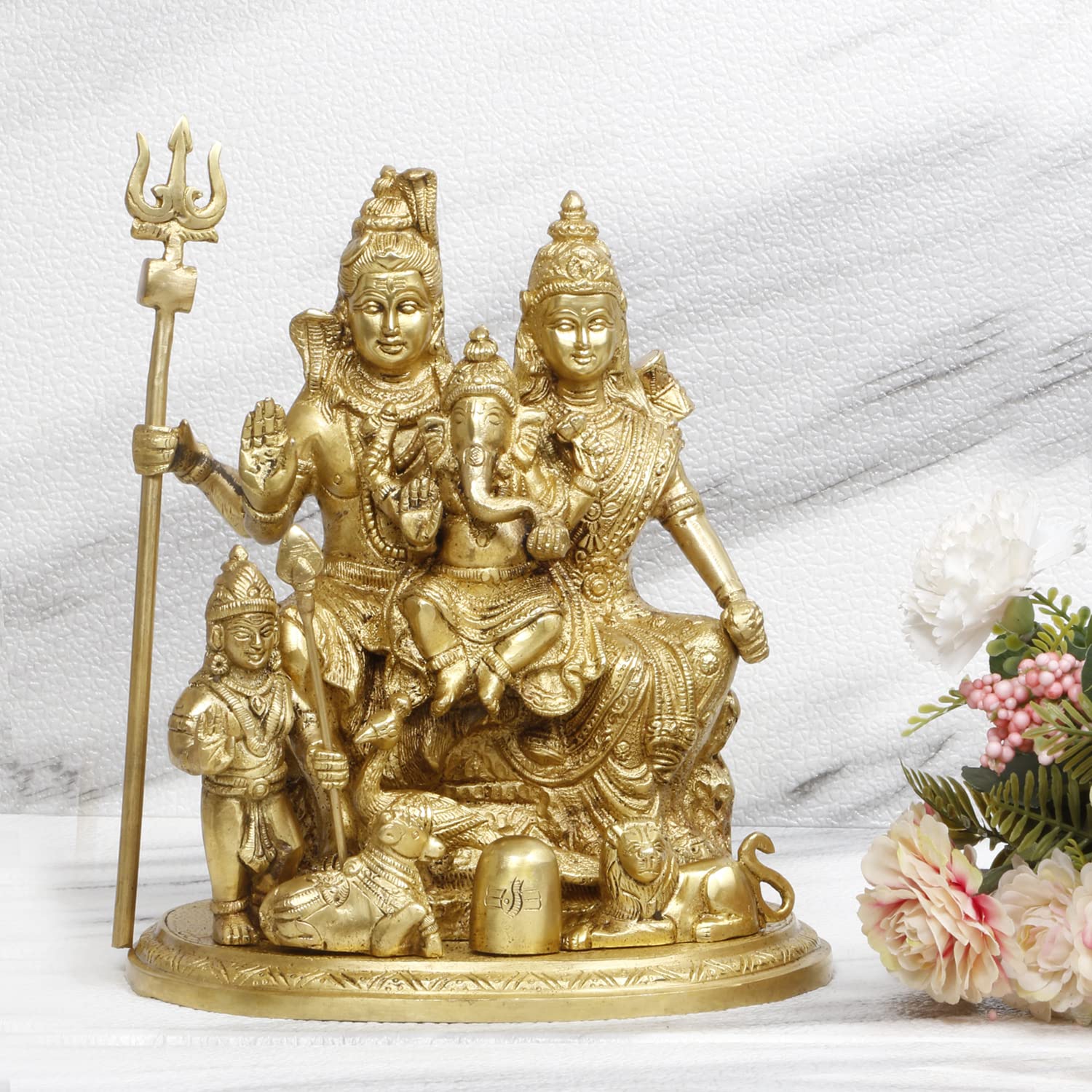 ARTVARKO™ Brass Lord Shiva Parvati Kartikeya and Ganesha Murti Shiv Family Parivar Shivlin Idol Statue for Home Décor Mandir Temple Gift Showpiece 9 Inches Height