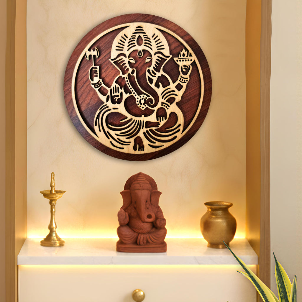 SWAGSTATION Lord Ganpati MDF Wall Hanging | Hindu God Ganesha Home Temple & Wall Decor for Pooja Room, Door Entrance & Living Room (12 Inches)