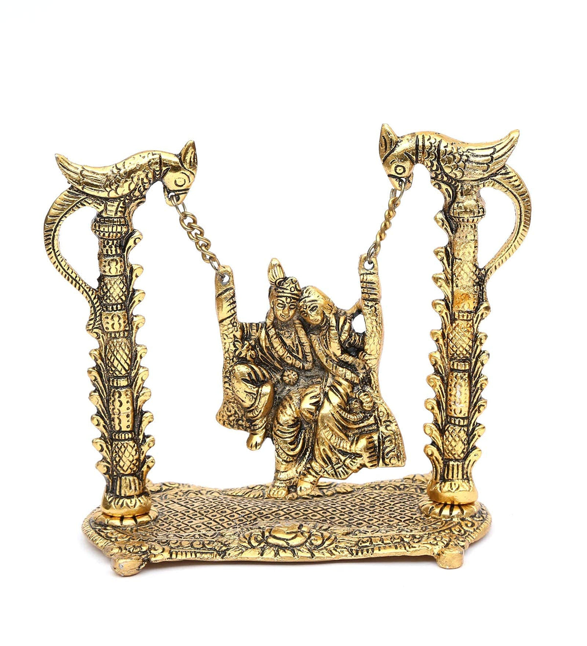 KridayKraft Radha Krishna on Swing jhula Gold Plated Metal Statue Decor Your Home, Office (Medium)