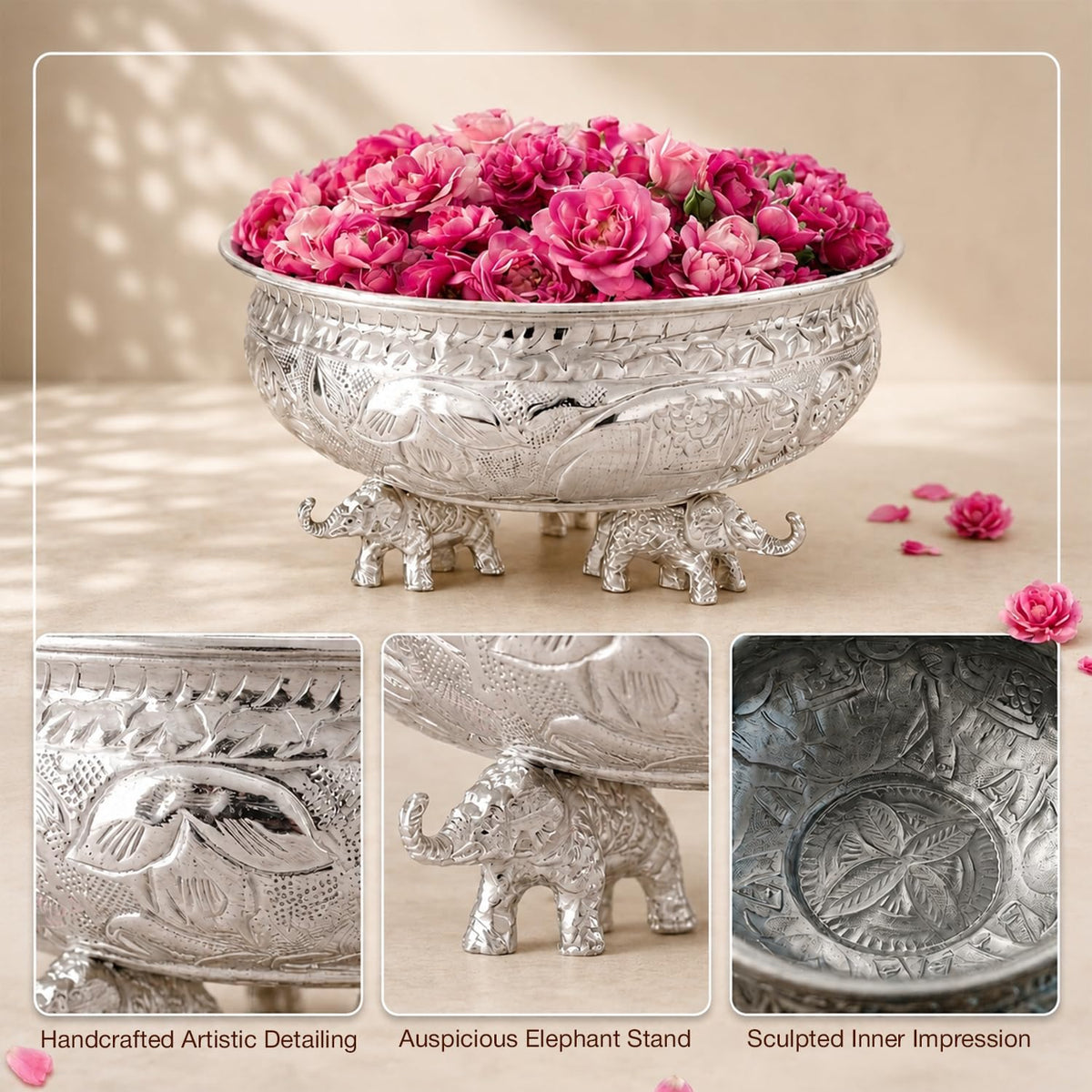 Kaari Tales Silver Decorative Metal Urli Bowl with Elephant Base | Metal Bowl for Home Entrance, Living Room, Puja Room, Housewarming, Festive Centerpiece & Diwali Decoration