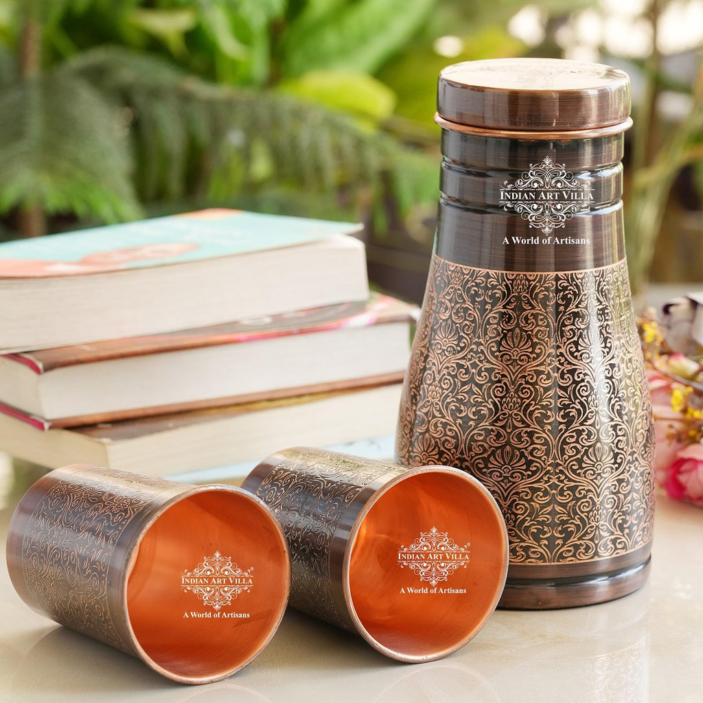 INDIAN ART VILLA Copper Bedroom Bottle & Glass Set, Antique Dark Finish, Embossed Design, Drinkware Gift Set, 1000 ml