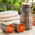 INDIAN ART VILLA Copper Bedroom Bottle & Glass Set, Antique Dark Finish, Embossed Design, Drinkware Gift Set, 1000 ml