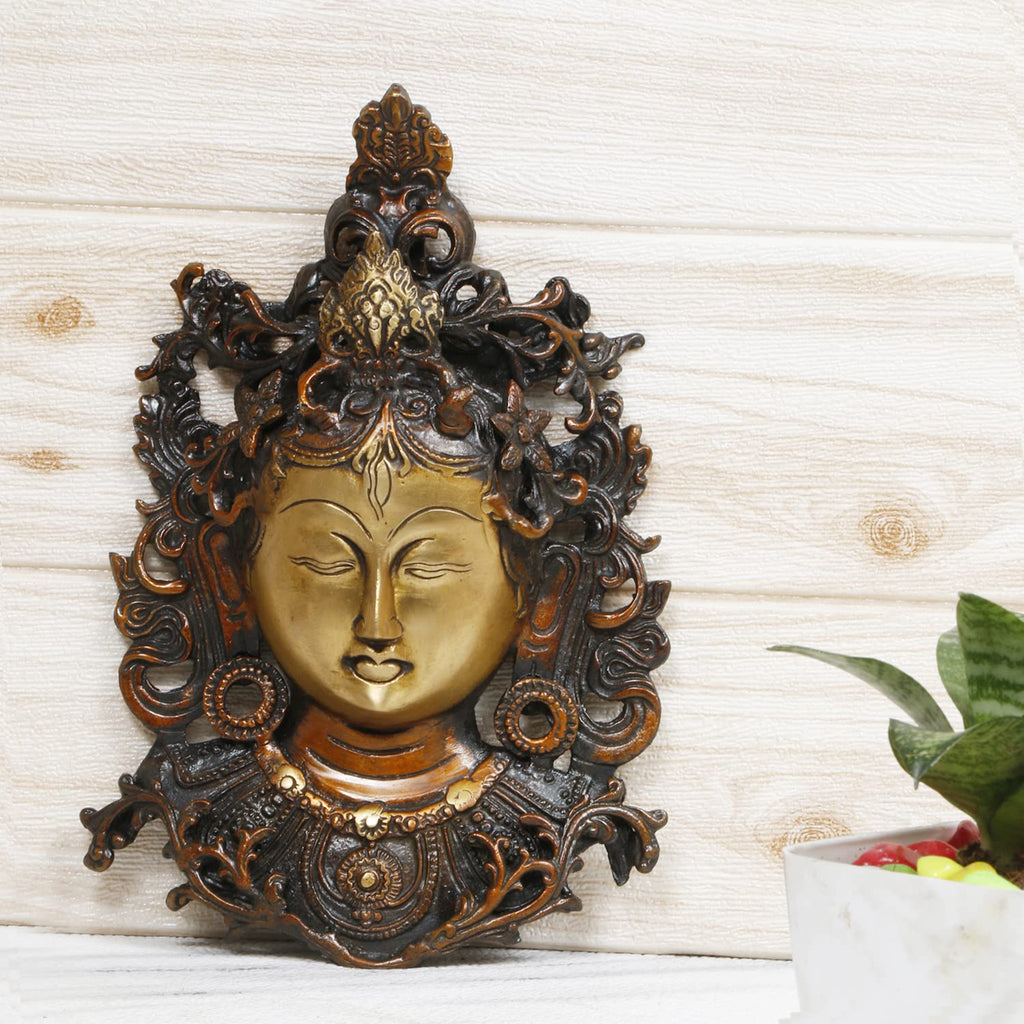 ARTVARKO Pure Brass Tara Face Tibetan Buddha Buddhist Idol Deity Mask Fengshui Vastu Wall Hanging Showpiece Decoration 11 Inch.