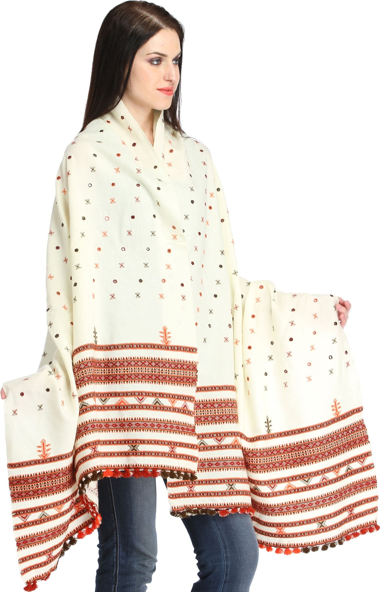 Exotic India Women's Shawl from Kutch with Woven Border and Embroidered Mirrors Pure Wool Shawl (SWJ71--cream)