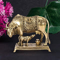 ARTVARKO Brass Cow and Calf Statue Kamdhenu Laxmi Ganesha Engraved on Gau MATA Idol, Spiritual Vastu Nandi Pooja Decor, Gold Color 10 Inch
