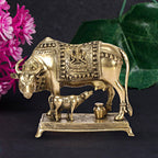 ARTVARKO Brass Cow and Calf Statue Kamdhenu Laxmi Ganesha Engraved on Gau MATA Idol, Spiritual Vastu Nandi Pooja Decor, Gold Color 10 Inch