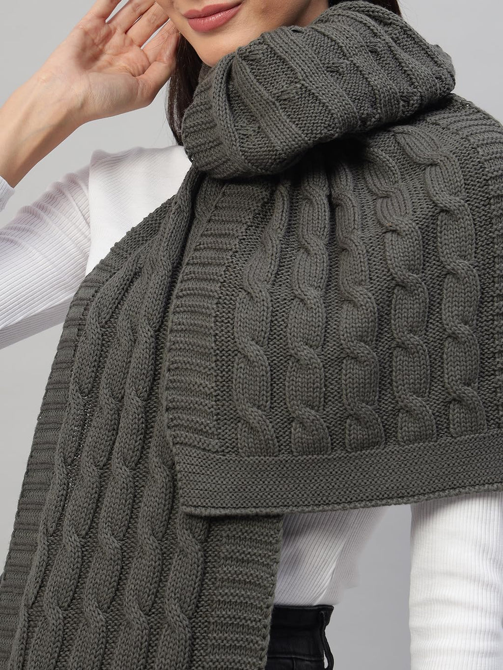 Ravaiyaa - Attitude is everything Reversible Wool Scarves Knitted Pattern Women Neck Wraps Muffler Winter Wool Scarf 65 x14 Inch (Grey)