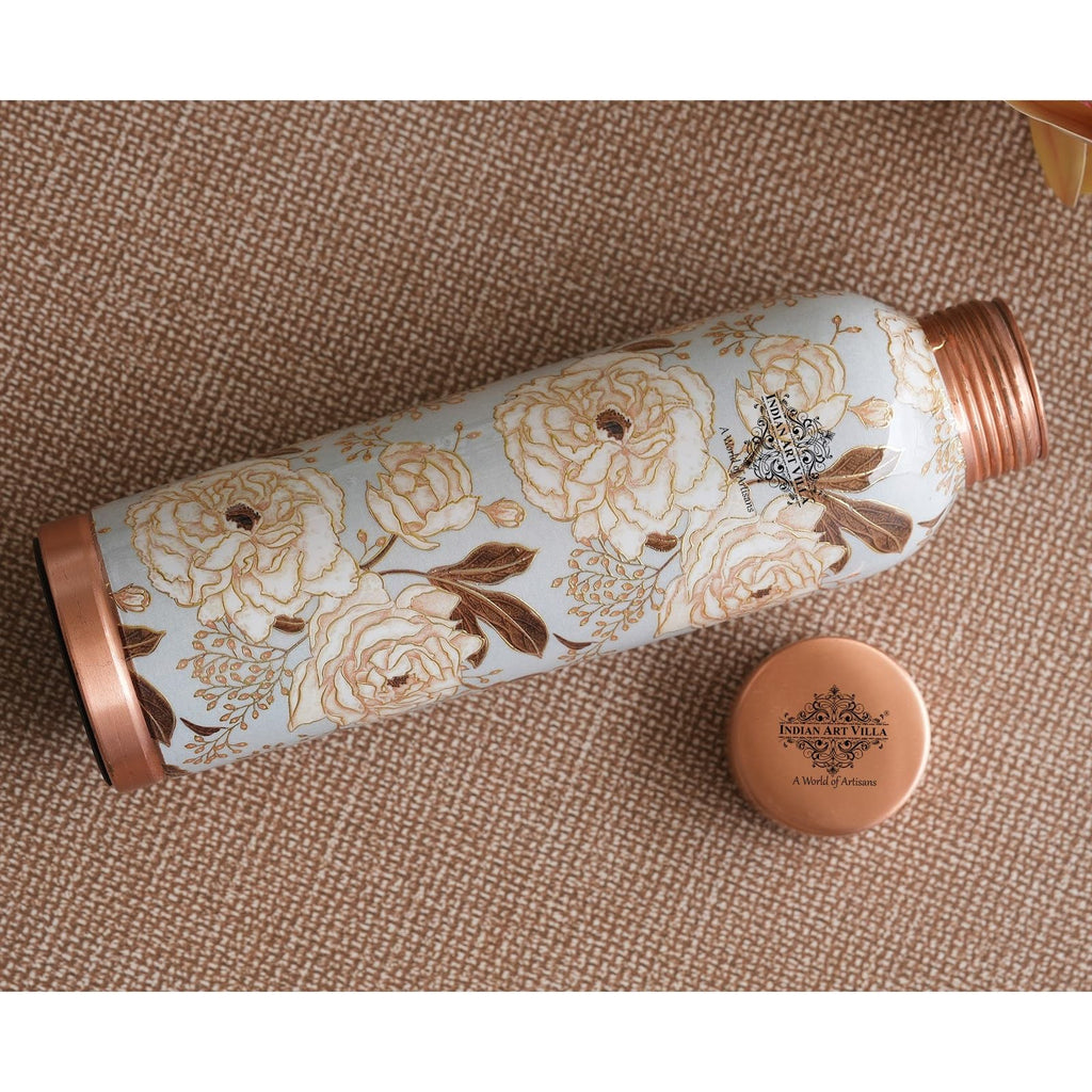 INDIAN ART VILLA Copper Bottle 900 ML with Gold Flower Print Design, Ayurveda Health Benefits, Copper Drinkware for Home, Office & Travel