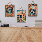 Artvibes Taj Mahal, Peacock & Elephant Cultural Indian Modern Art Decorative Wall Art MDF Wooden Wall Hanger for Home | Home Decor | Aesthetic Wooden Decor | Art Print | Gift (WH_9664N), Set of 3