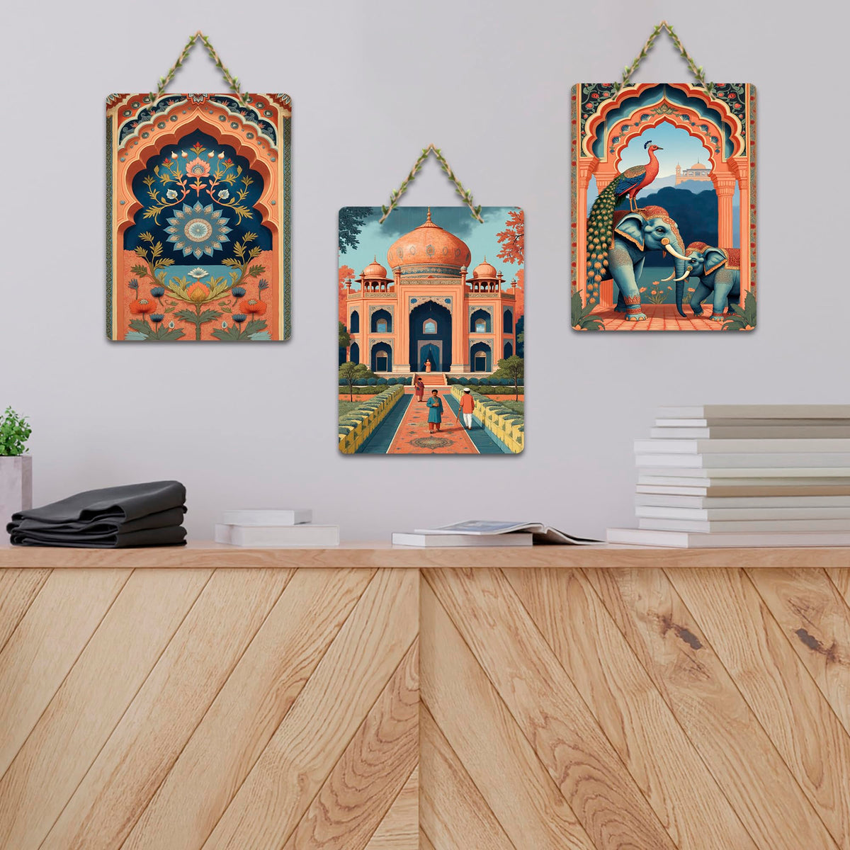 Artvibes Taj Mahal, Peacock & Elephant Cultural Indian Modern Art Decorative Wall Art MDF Wooden Wall Hanger for Home | Home Decor | Aesthetic Wooden Decor | Art Print | Gift (WH_9664N), Set of 3