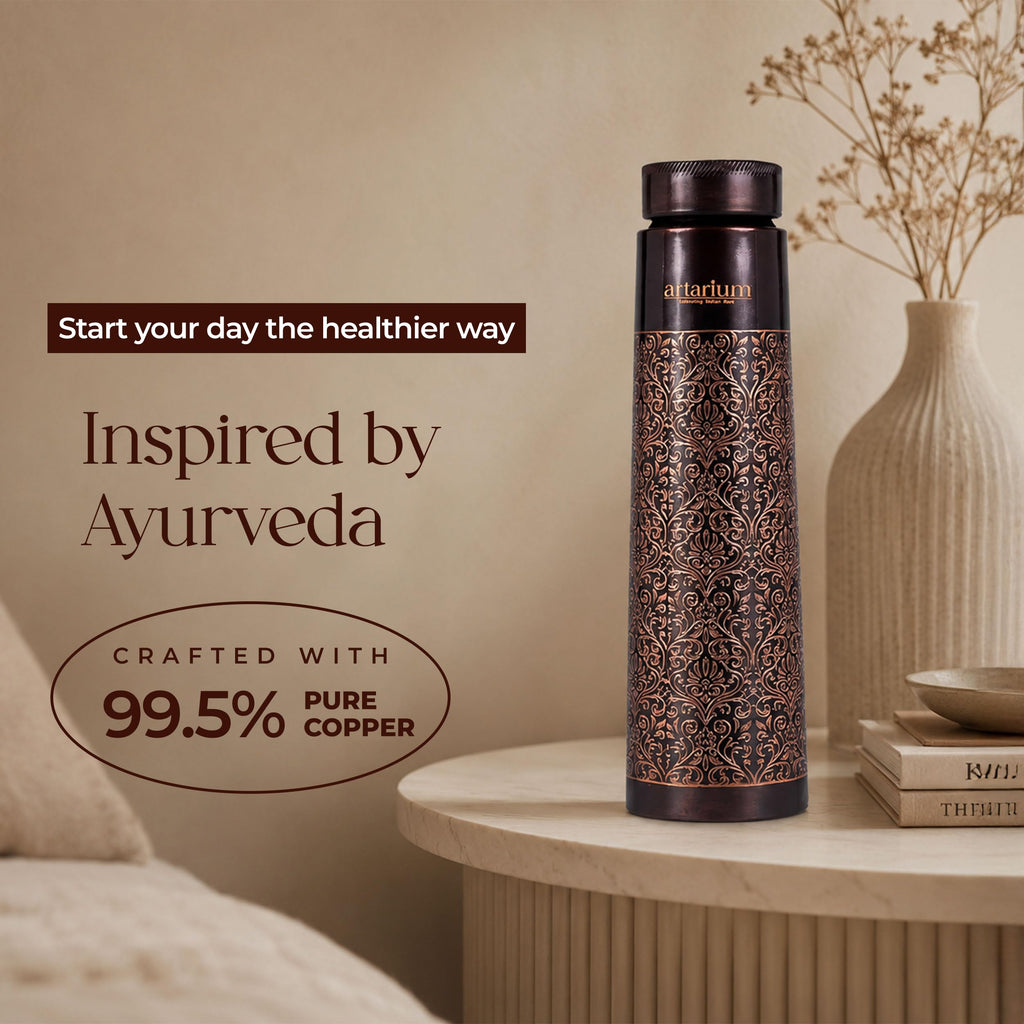 Artarium Antique Floral Design Glossy Finish 1 Litre Ayurveda Inspired Copper Water Bottle Leak Proof Bottle For Office Home Boosts Immunity Supports Digestive Liver Health (Antique Etching Bottle)