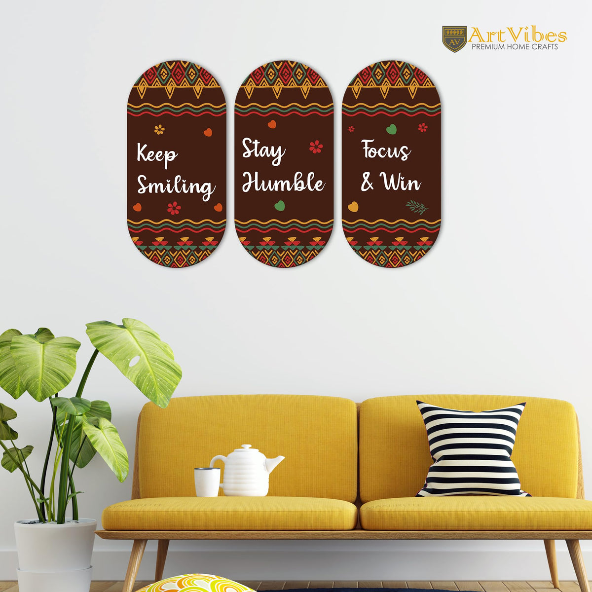 Artvibes Keep Smiling Positive Quotes Printed Wooden Wall Hanger for Home | Office | Living Room | Gift | Modern Decoration Items | Kitchen Wall Decor | Artworks (WH_9013N), Set of 3