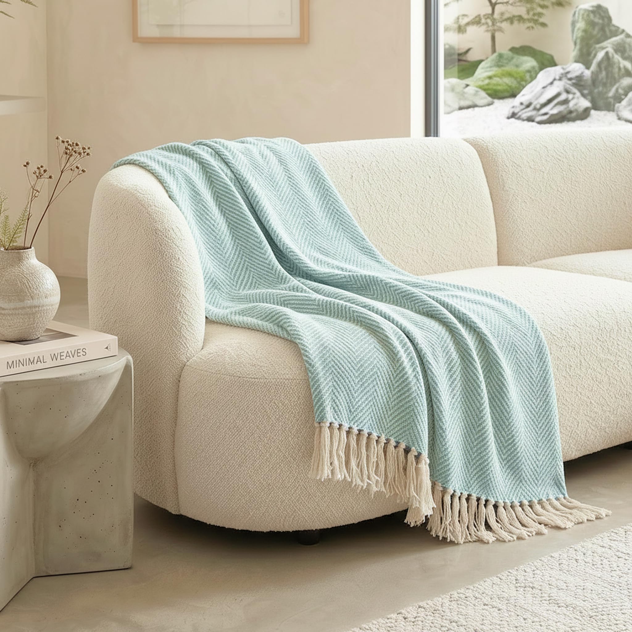 SAJAVAT HOME Hand-Knitted Cotton Sofa Throw | All-Season Throw Blanket for Sofa, Bed, Couch, Chair & Travel | 80×52 Inches (204×132 cm) | Sky Blue with Tassels | Pack of 1 Kafalo