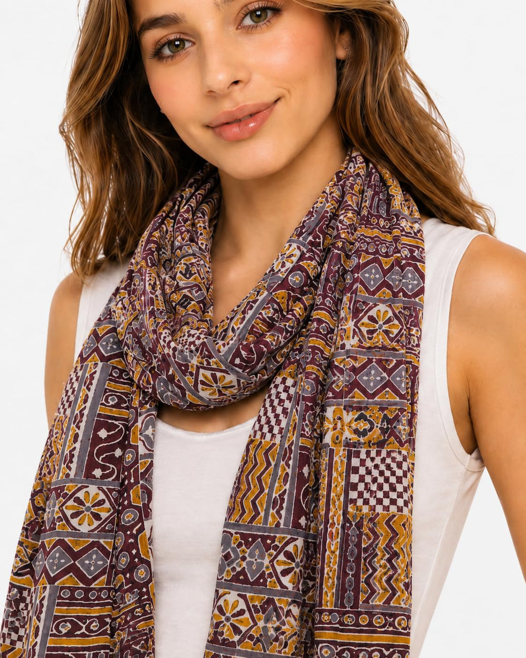 Women's Printed cotton Scarf with Tassels, Lightweight Boho Stole, 180x50 cm, All Seasons (maroon)
