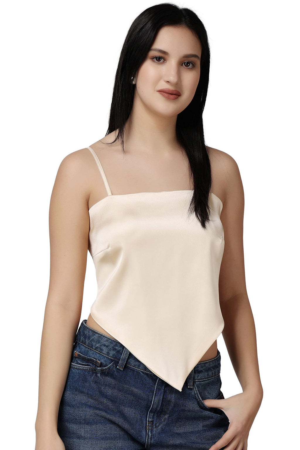 Popwings Women Casual Cream Satin Scarf Knot Solid Crop Top