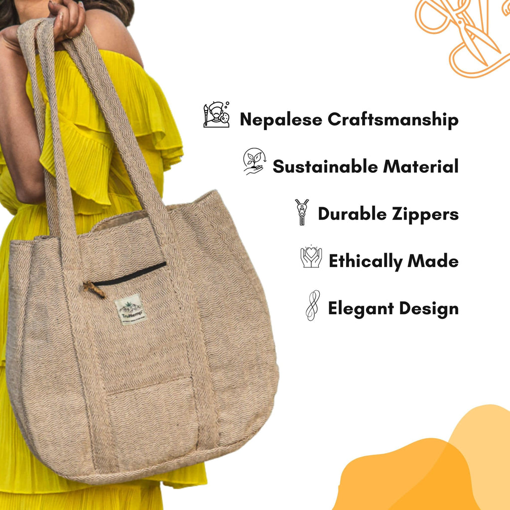 TruHemp Hemp Shopping Tote Bag with Dual Zippered Compartments | Spacious Eco Market Bag with Cotton Lining | 10L Capacity, Natural Hemp, Medium