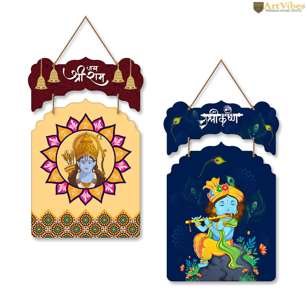 Artvibes Shri Ram and Krishna Wall And Door Hanging for Home Temple | Spiritual Decor Items | Religious Wall Art | Wall Poster | Artwork| Stylish Modern Decor Item | Gift Items (WH_9206N), Set of 2